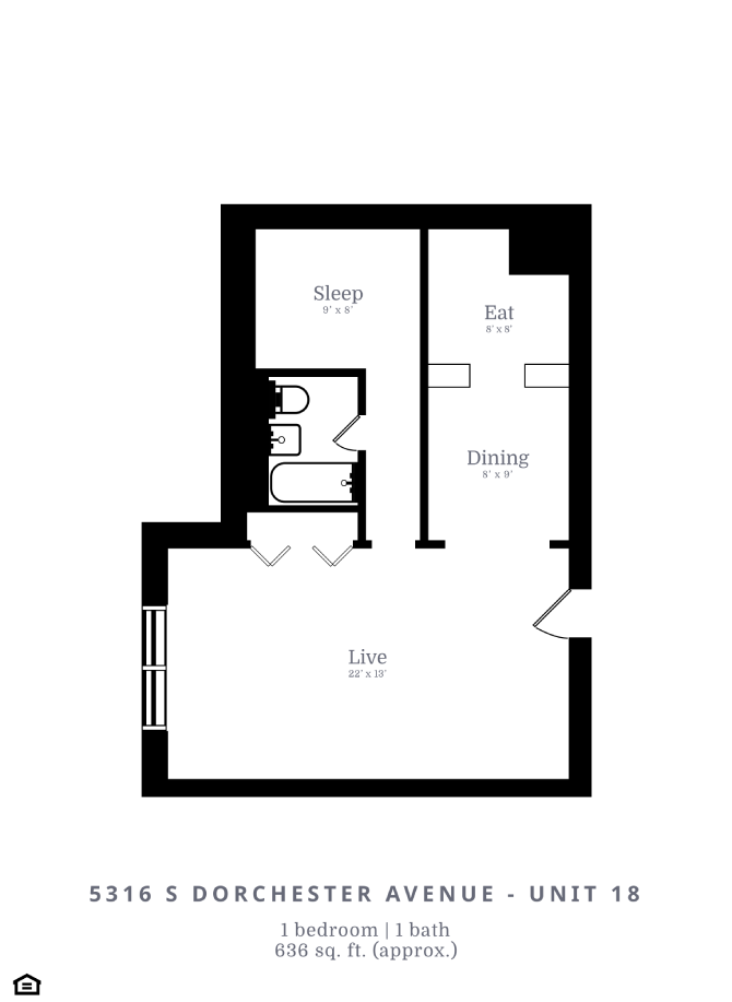 Floor plan for studio, 1 bath, 636 sqft